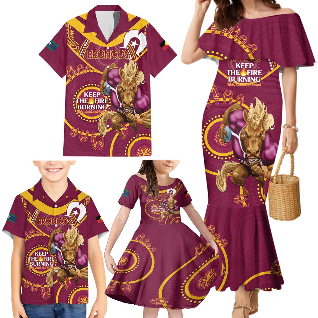 Custom NRL Broncos NAIDOC Week Family Matching Mermaid Dress and Hawaiian Shirt Keep The Fire Burning Indigenous Art