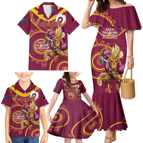Custom NRL Broncos NAIDOC Week Family Matching Mermaid Dress and Hawaiian Shirt Keep The Fire Burning Indigenous Art