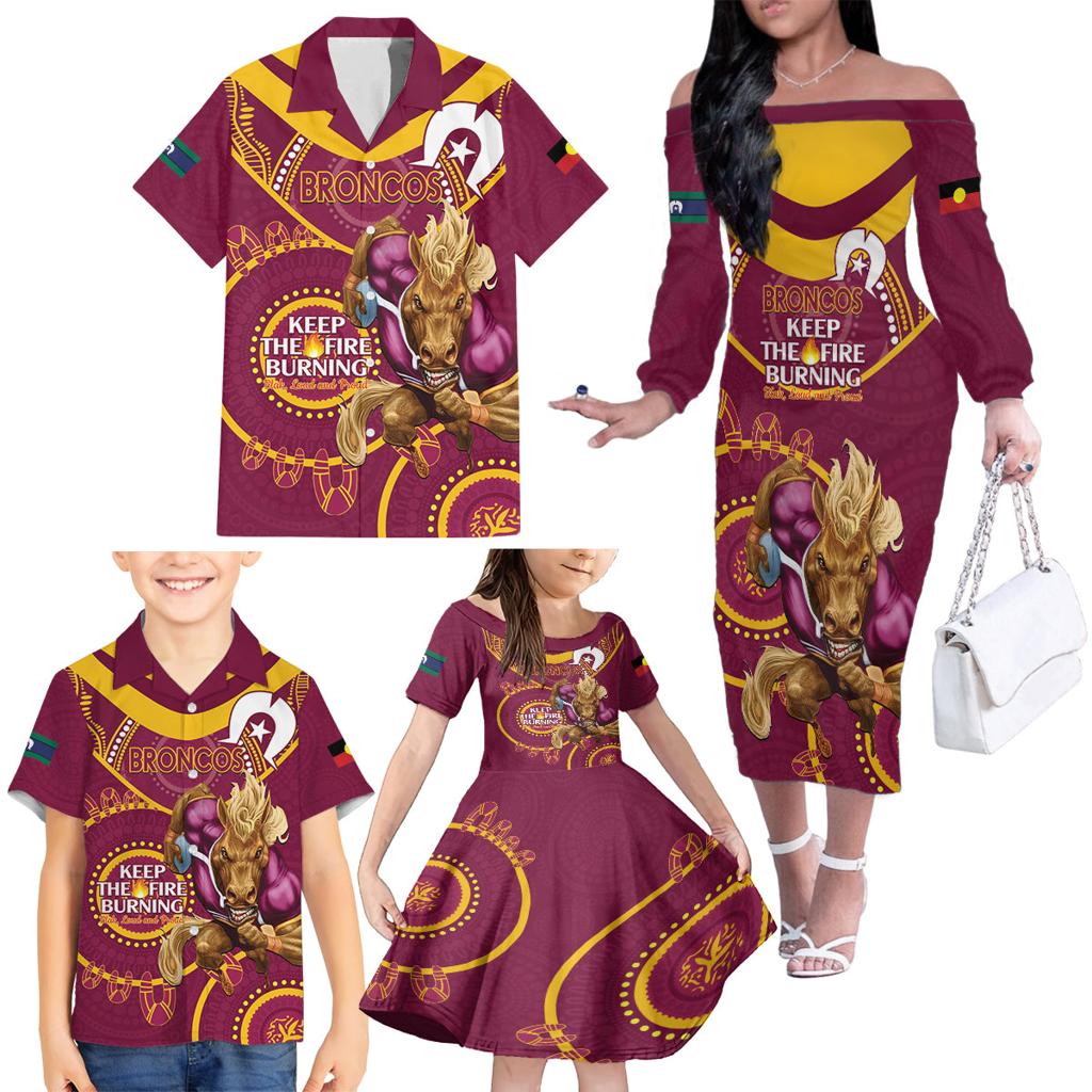 Custom NRL Broncos NAIDOC Week Family Matching Off The Shoulder Long Sleeve Dress and Hawaiian Shirt Keep The Fire Burning Indigenous Art