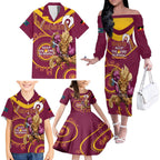 Custom NRL Broncos NAIDOC Week Family Matching Off The Shoulder Long Sleeve Dress and Hawaiian Shirt Keep The Fire Burning Indigenous Art