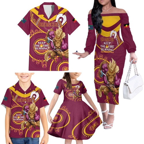 Custom NRL Broncos NAIDOC Week Family Matching Off The Shoulder Long Sleeve Dress and Hawaiian Shirt Keep The Fire Burning Indigenous Art