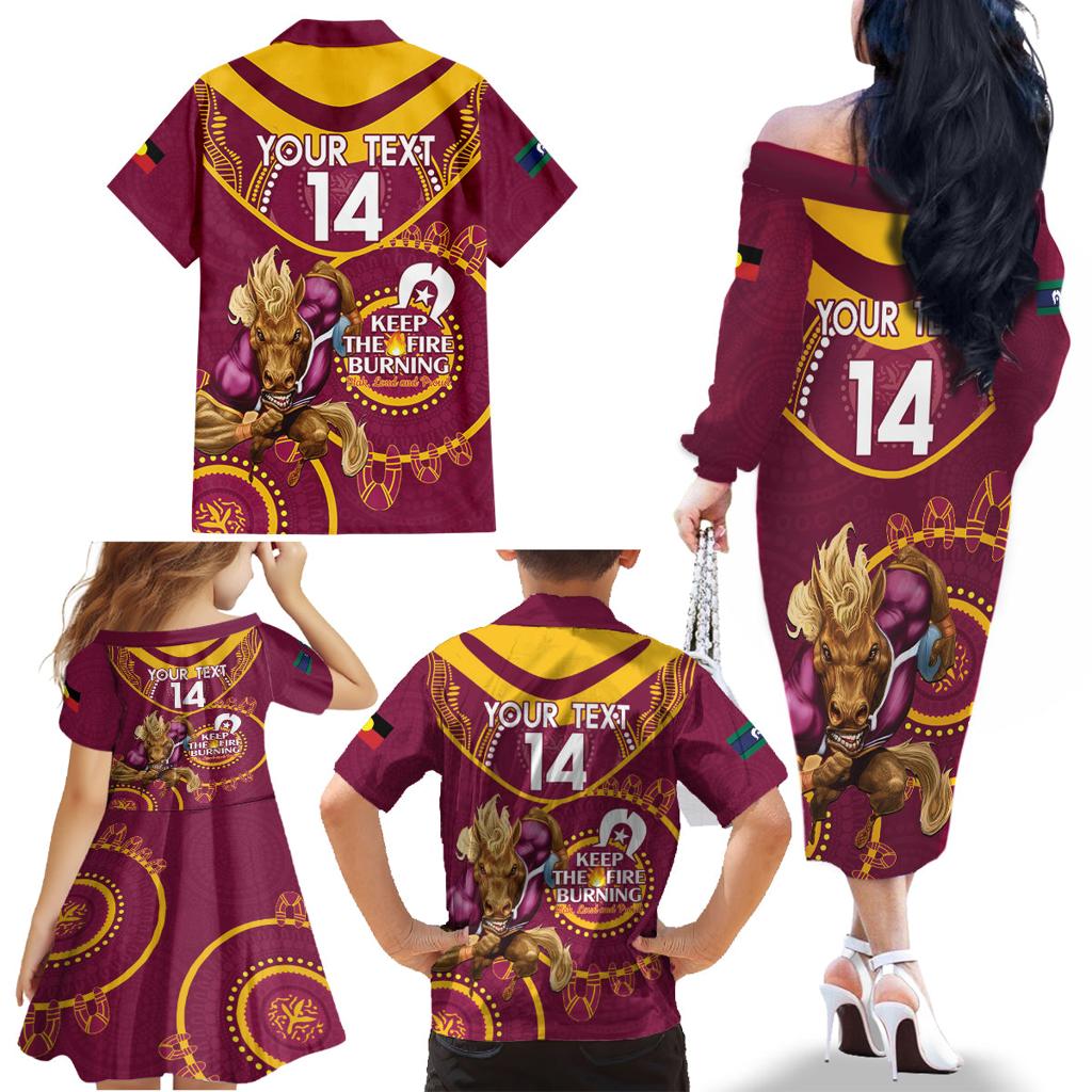 Custom NRL Broncos NAIDOC Week Family Matching Off The Shoulder Long Sleeve Dress and Hawaiian Shirt Keep The Fire Burning Indigenous Art