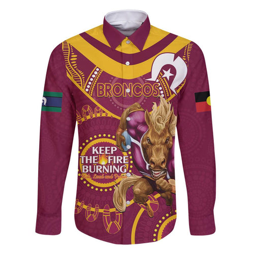 Custom NRL Broncos NAIDOC Week Family Matching Off The Shoulder Long Sleeve Dress and Hawaiian Shirt Keep The Fire Burning Indigenous Art