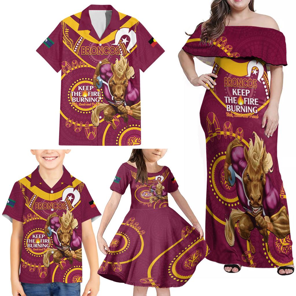 Custom NRL Broncos NAIDOC Week Family Matching Off Shoulder Maxi Dress and Hawaiian Shirt Keep The Fire Burning Indigenous Art