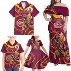 Custom NRL Broncos NAIDOC Week Family Matching Off Shoulder Maxi Dress and Hawaiian Shirt Keep The Fire Burning Indigenous Art