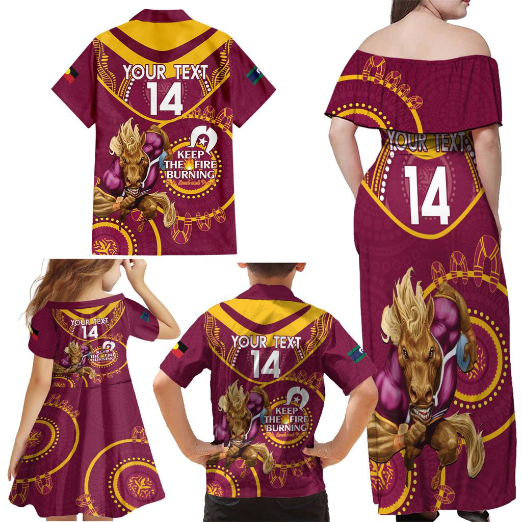 Custom NRL Broncos NAIDOC Week Family Matching Off Shoulder Maxi Dress and Hawaiian Shirt Keep The Fire Burning Indigenous Art