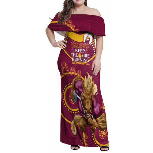Custom NRL Broncos NAIDOC Week Family Matching Off Shoulder Maxi Dress and Hawaiian Shirt Keep The Fire Burning Indigenous Art