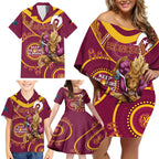 Custom NRL Broncos NAIDOC Week Family Matching Off Shoulder Short Dress and Hawaiian Shirt Keep The Fire Burning Indigenous Art