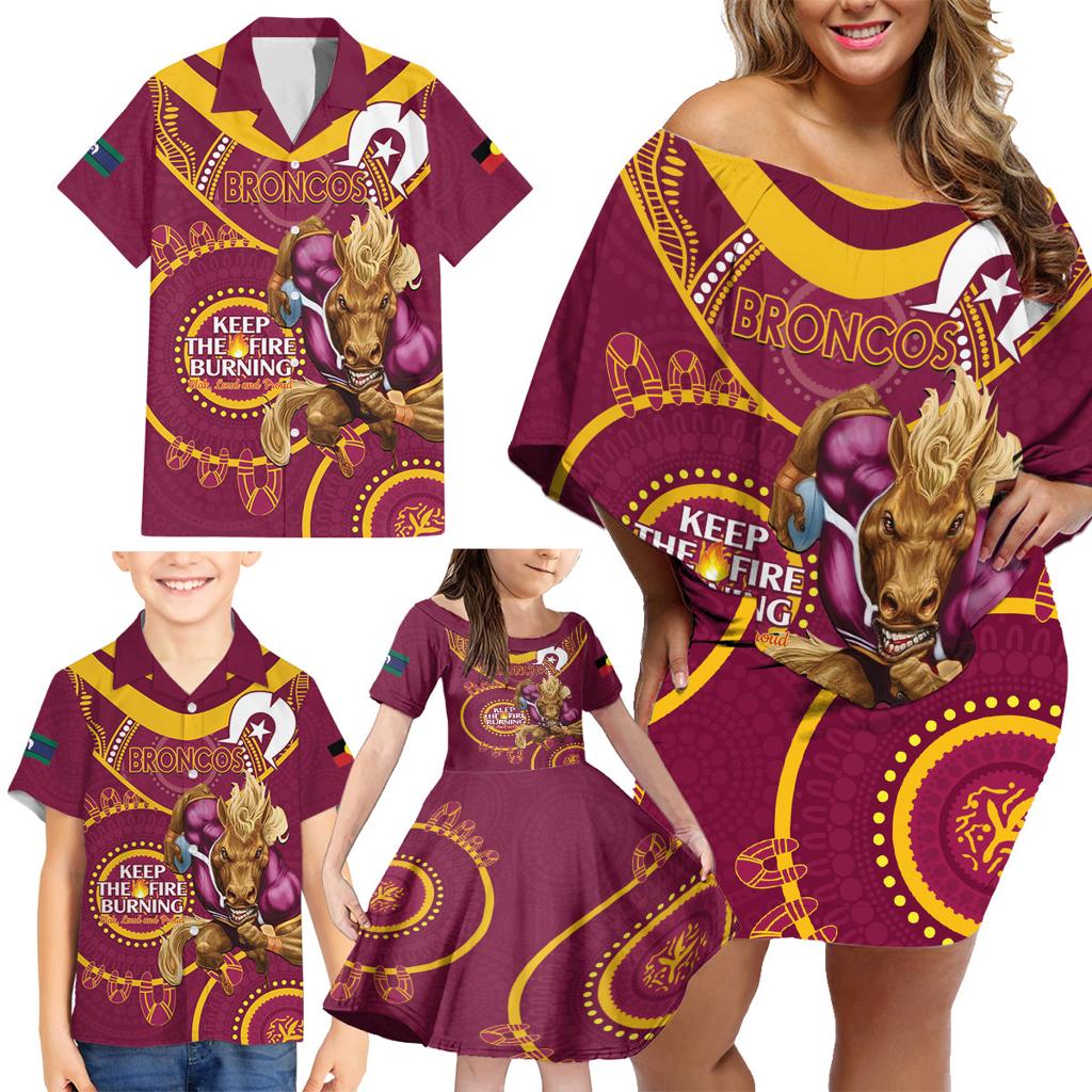 Custom NRL Broncos NAIDOC Week Family Matching Off Shoulder Short Dress and Hawaiian Shirt Keep The Fire Burning Indigenous Art