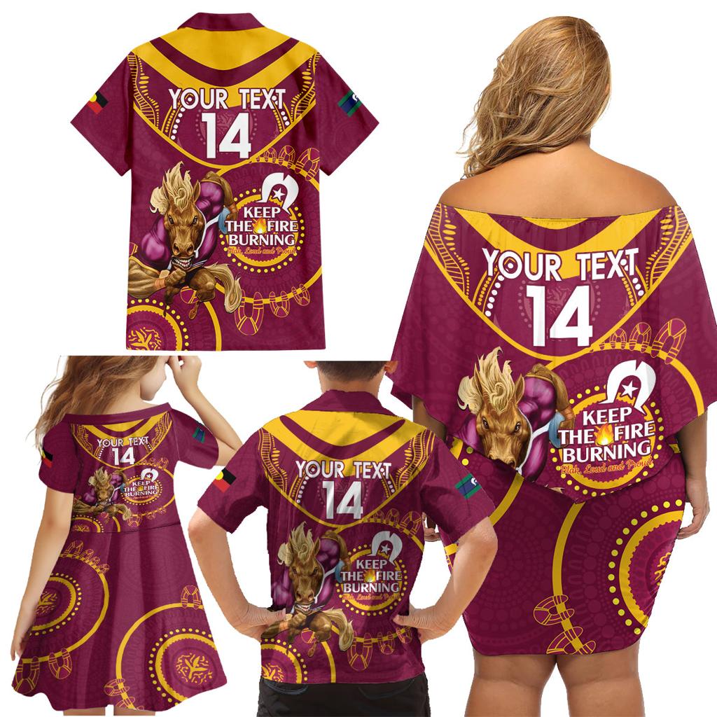 Custom NRL Broncos NAIDOC Week Family Matching Off Shoulder Short Dress and Hawaiian Shirt Keep The Fire Burning Indigenous Art