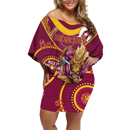 Custom NRL Broncos NAIDOC Week Family Matching Off Shoulder Short Dress and Hawaiian Shirt Keep The Fire Burning Indigenous Art