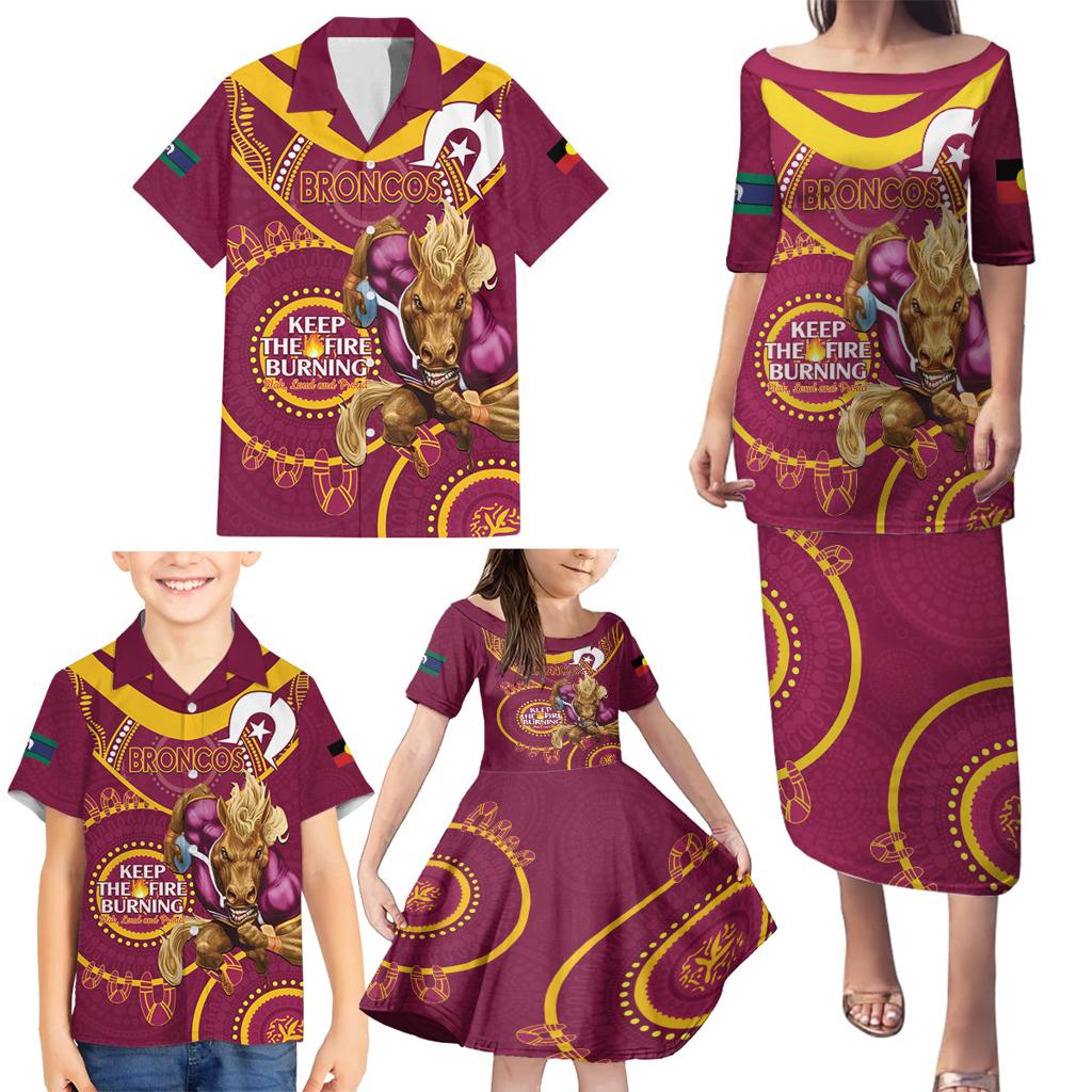 Custom NRL Broncos NAIDOC Week Family Matching Puletasi and Hawaiian Shirt Keep The Fire Burning Indigenous Art