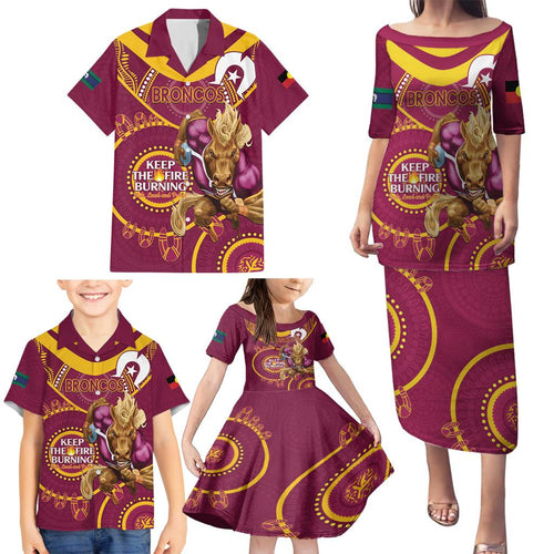 Custom NRL Broncos NAIDOC Week Family Matching Puletasi and Hawaiian Shirt Keep The Fire Burning Indigenous Art
