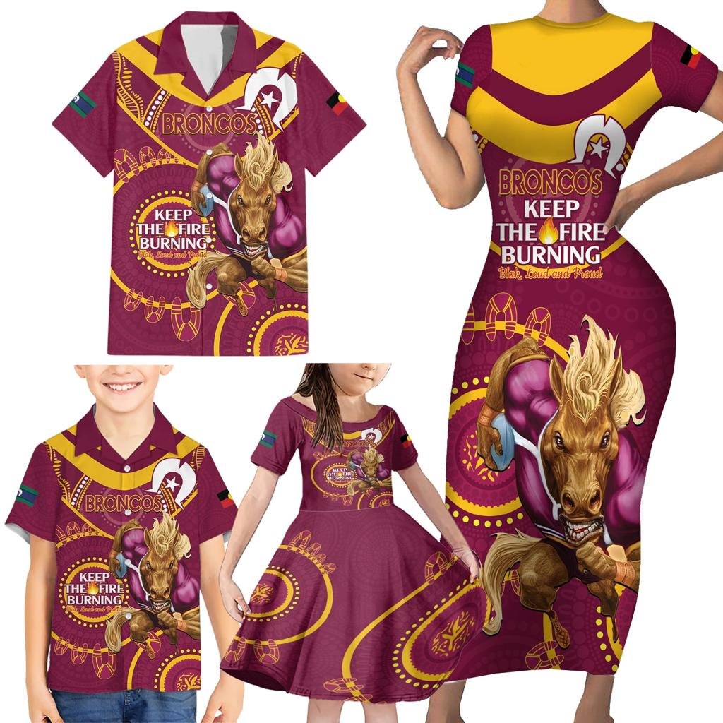 Custom NRL Broncos NAIDOC Week Family Matching Short Sleeve Bodycon Dress and Hawaiian Shirt Keep The Fire Burning Indigenous Art