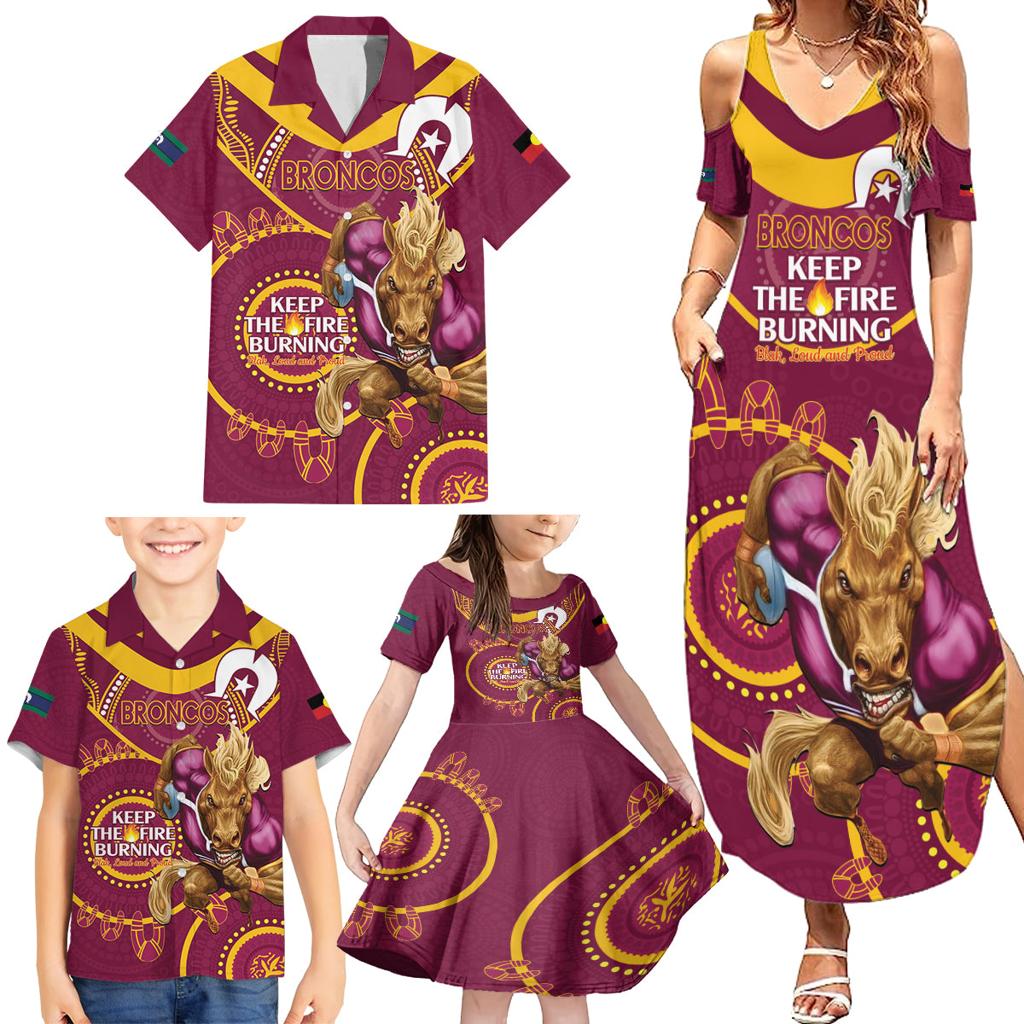 Custom NRL Broncos NAIDOC Week Family Matching Summer Maxi Dress and Hawaiian Shirt Keep The Fire Burning Indigenous Art