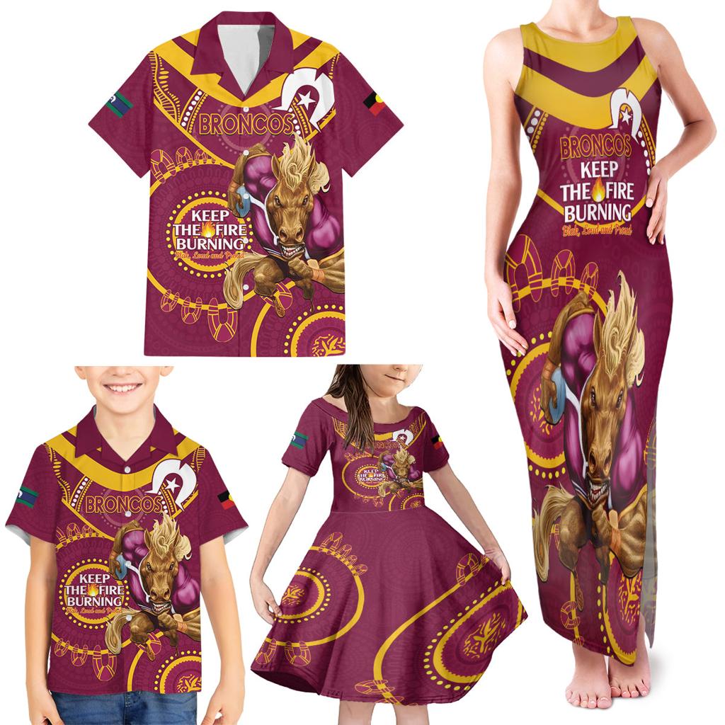 Custom NRL Broncos NAIDOC Week Family Matching Tank Maxi Dress and Hawaiian Shirt Keep The Fire Burning Indigenous Art