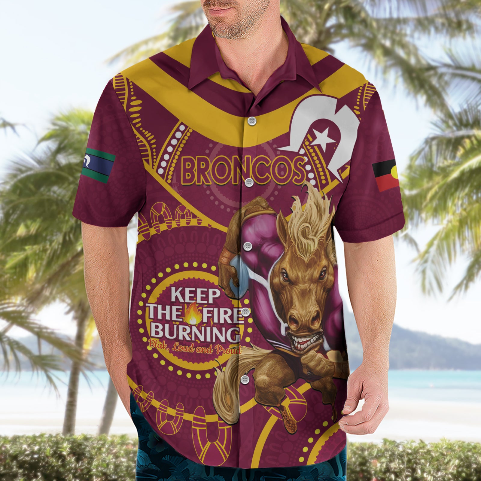 Custom NRL Broncos NAIDOC Week Hawaiian Shirt Keep The Fire Burning Indigenous Art