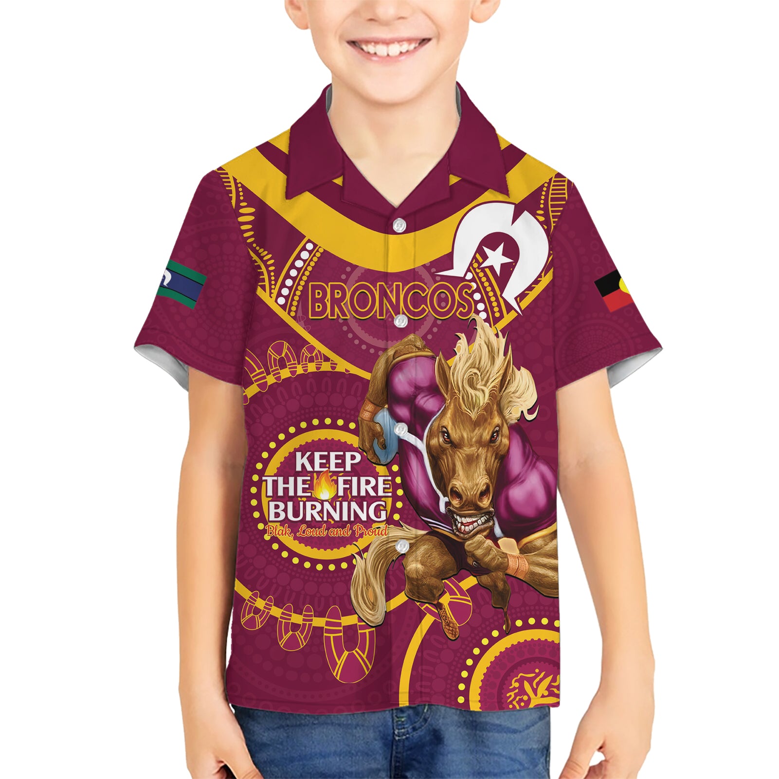 Custom NRL Broncos NAIDOC Week Kid Hawaiian Shirt Keep The Fire Burning Indigenous Art