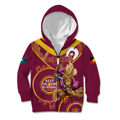 Custom NRL Broncos NAIDOC Week Kid Hoodie Keep The Fire Burning Indigenous Art