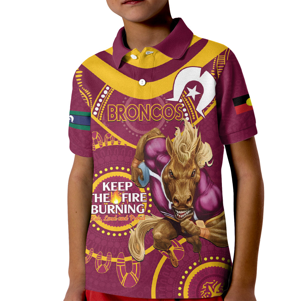 Custom NRL Broncos NAIDOC Week Kid Polo Shirt Keep The Fire Burning Indigenous Art