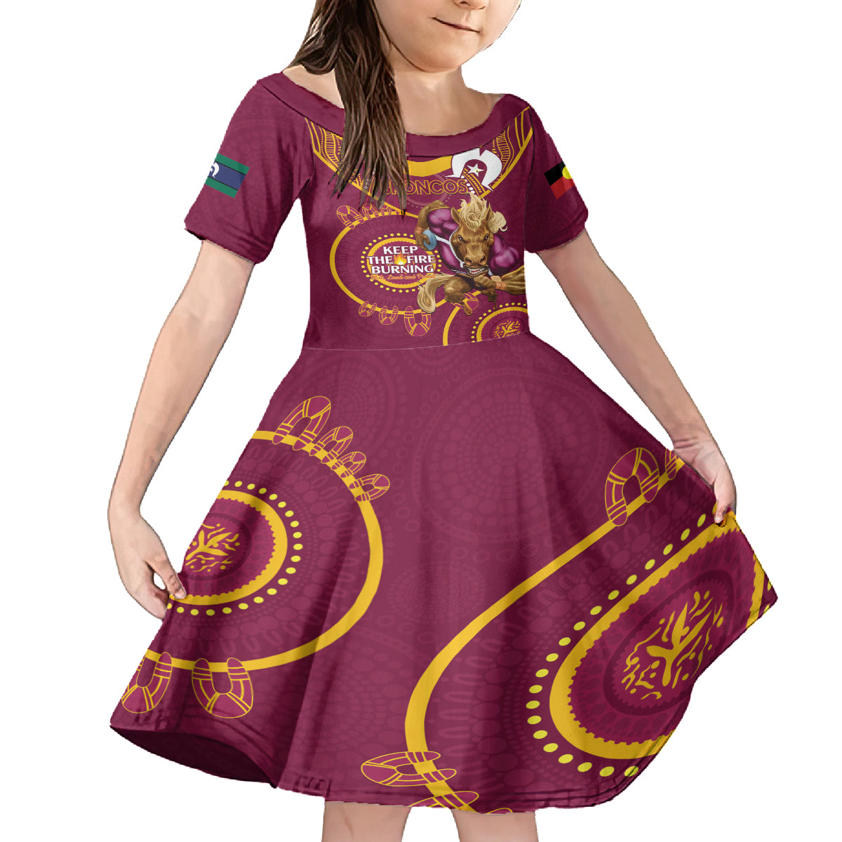 Custom NRL Broncos NAIDOC Week Kid Short Sleeve Dress Keep The Fire Burning Indigenous Art
