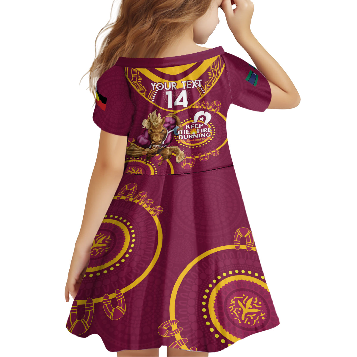 Custom NRL Broncos NAIDOC Week Kid Short Sleeve Dress Keep The Fire Burning Indigenous Art
