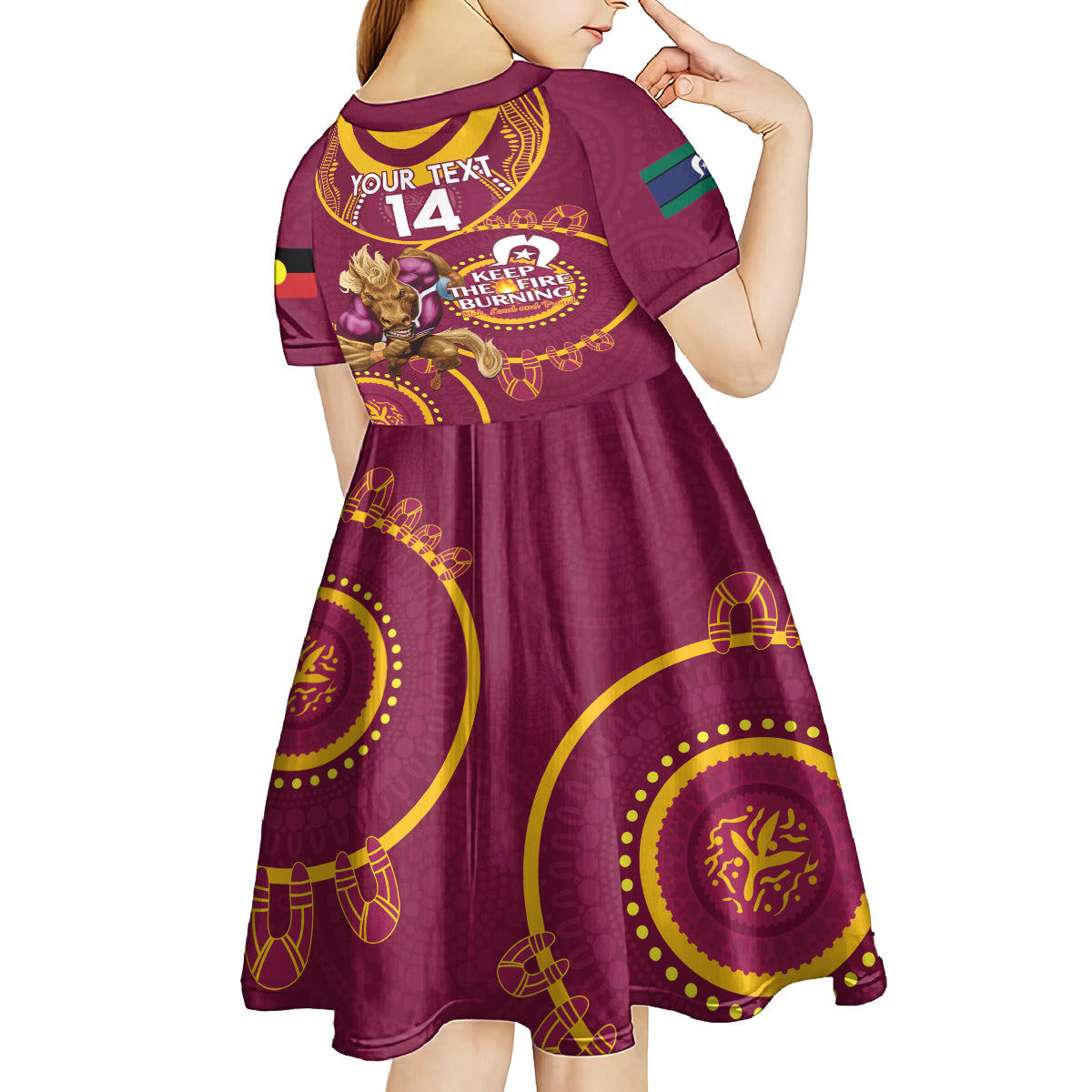 Custom NRL Broncos NAIDOC Week Kid Short Sleeve Dress Keep The Fire Burning Indigenous Art