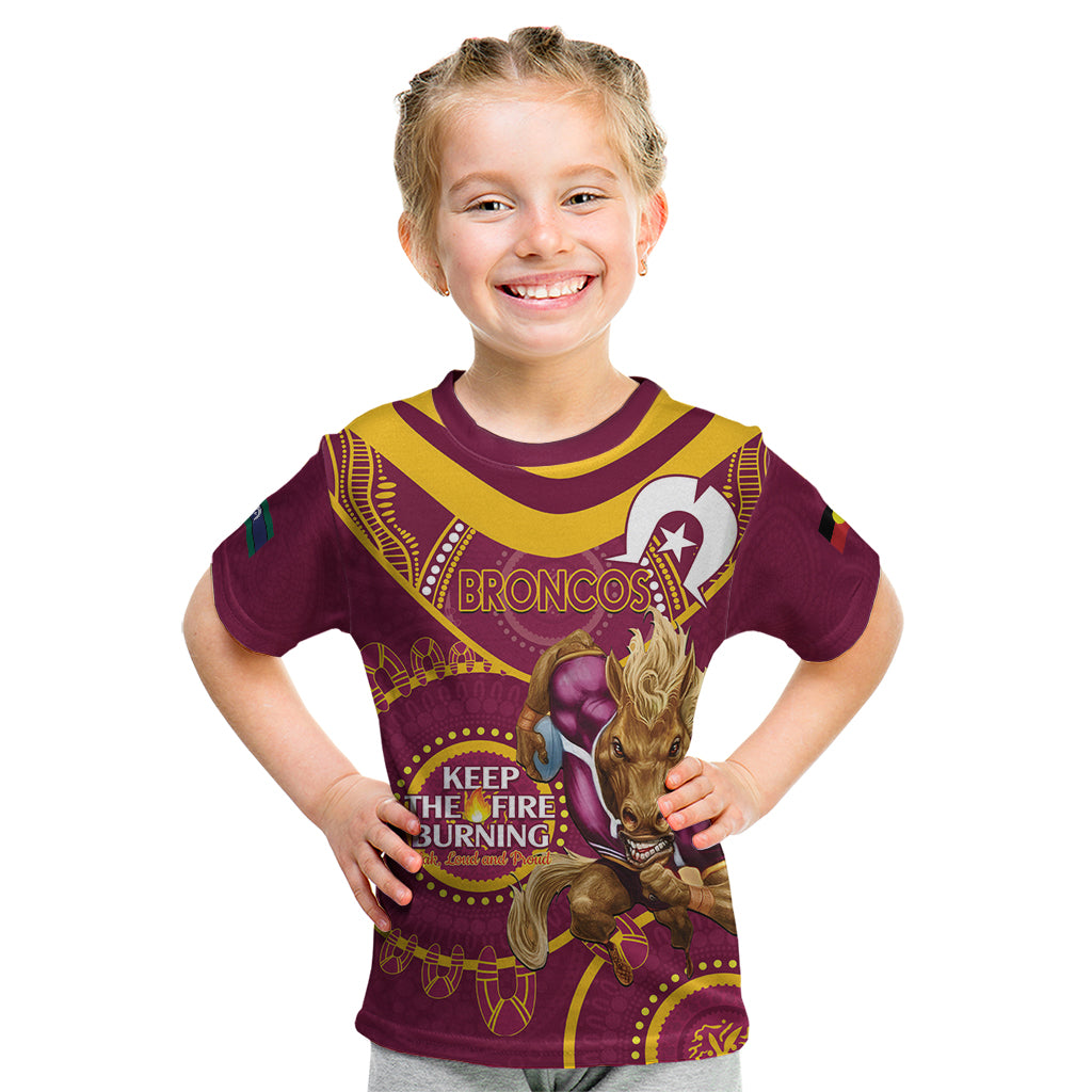 Custom NRL Broncos NAIDOC Week Kid T Shirt Keep The Fire Burning Indigenous Art