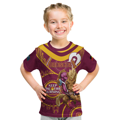 Custom NRL Broncos NAIDOC Week Kid T Shirt Keep The Fire Burning Indigenous Art