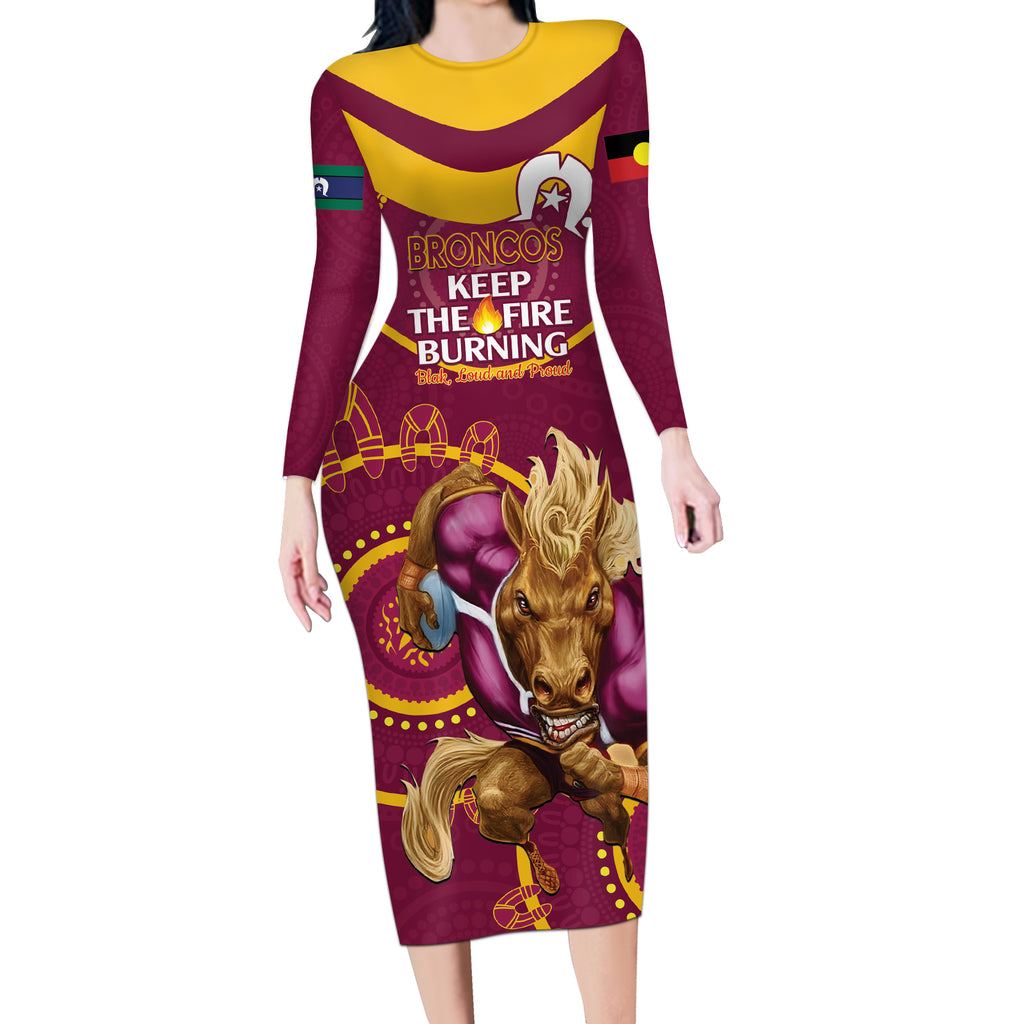 Custom NRL Broncos NAIDOC Week Long Sleeve Bodycon Dress Keep The Fire Burning Indigenous Art