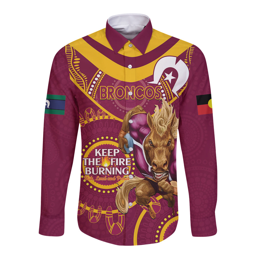 Custom NRL Broncos NAIDOC Week Long Sleeve Button Shirt Keep The Fire Burning Indigenous Art