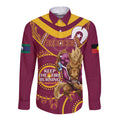 Custom NRL Broncos NAIDOC Week Long Sleeve Button Shirt Keep The Fire Burning Indigenous Art