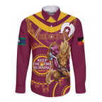 Custom NRL Broncos NAIDOC Week Long Sleeve Button Shirt Keep The Fire Burning Indigenous Art