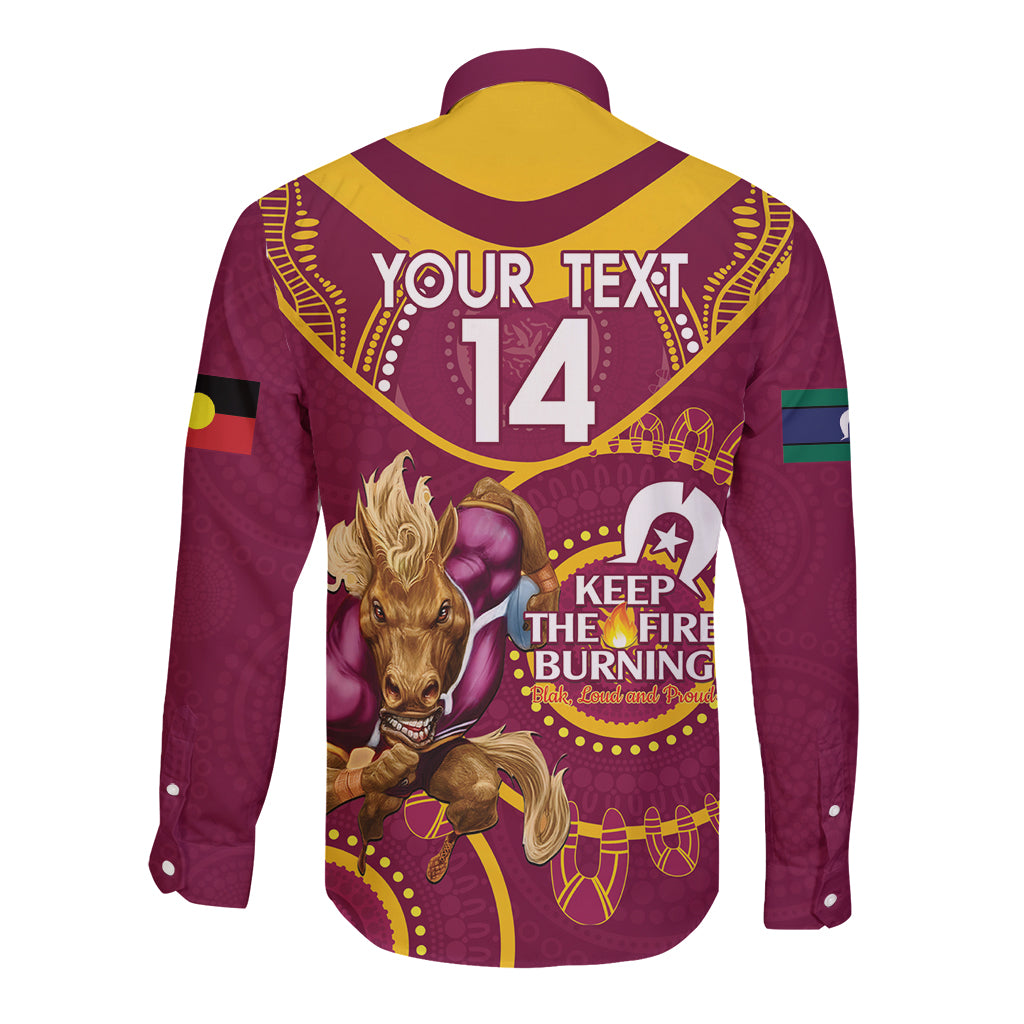Custom NRL Broncos NAIDOC Week Long Sleeve Button Shirt Keep The Fire Burning Indigenous Art