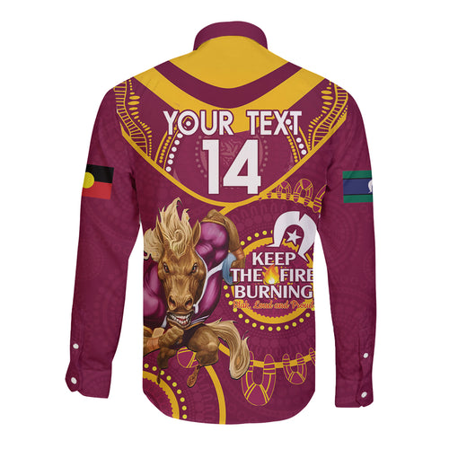 Custom NRL Broncos NAIDOC Week Long Sleeve Button Shirt Keep The Fire Burning Indigenous Art