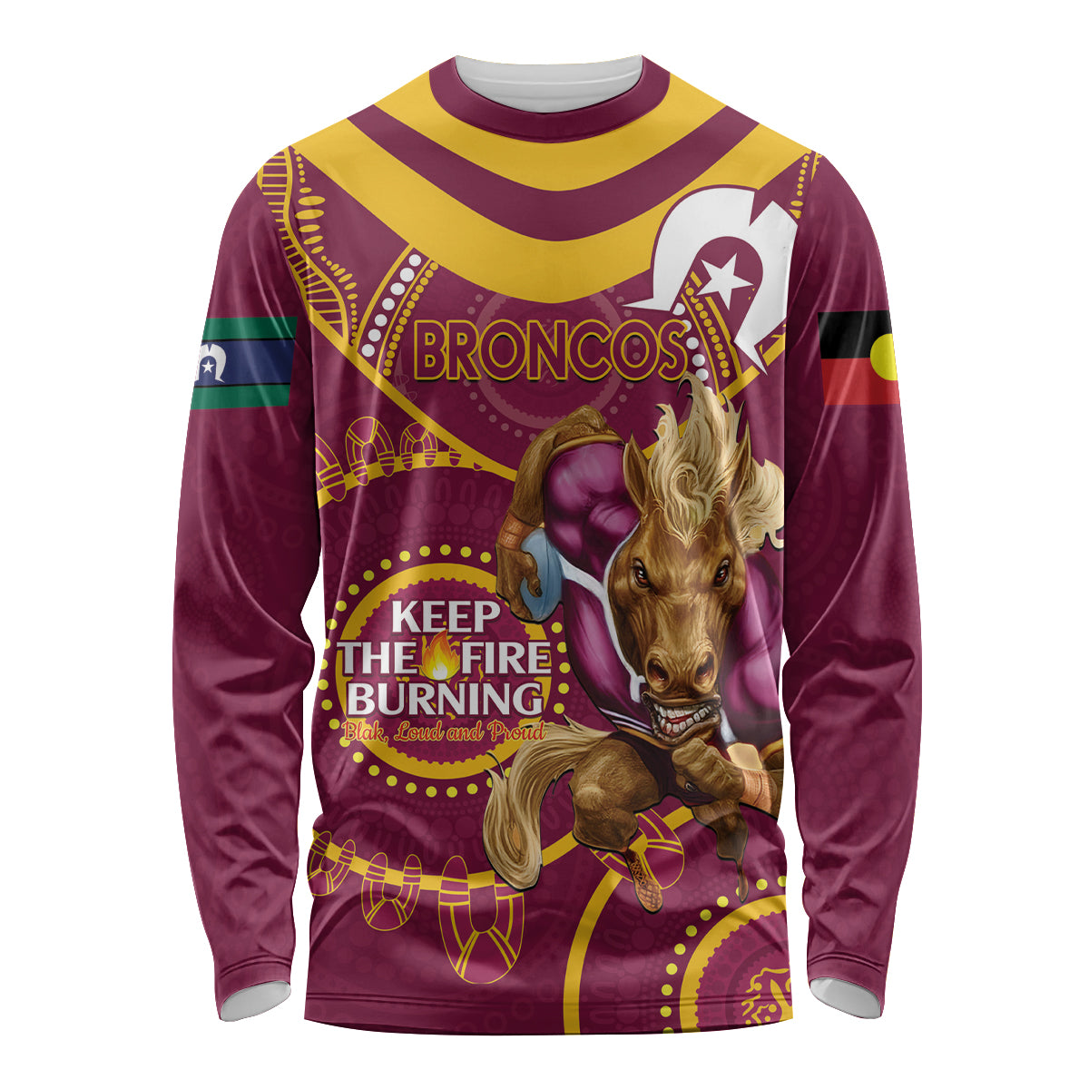 Custom NRL Broncos NAIDOC Week Long Sleeve Shirt Keep The Fire Burning Indigenous Art