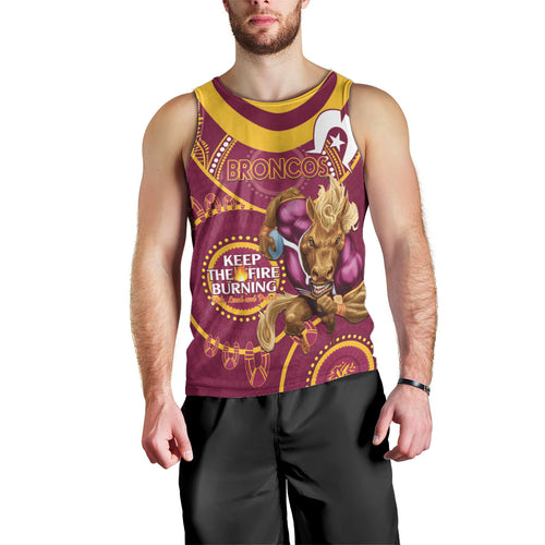 Custom NRL Broncos NAIDOC Week Men Tank Top Keep The Fire Burning Indigenous Art
