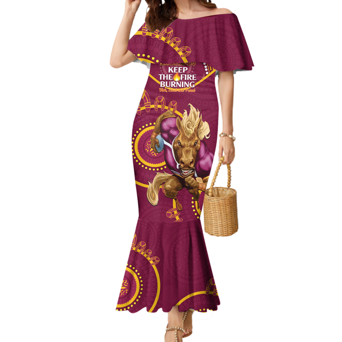 Custom NRL Broncos NAIDOC Week Mermaid Dress Keep The Fire Burning Indigenous Art