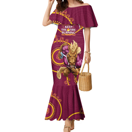 Custom NRL Broncos NAIDOC Week Mermaid Dress Keep The Fire Burning Indigenous Art
