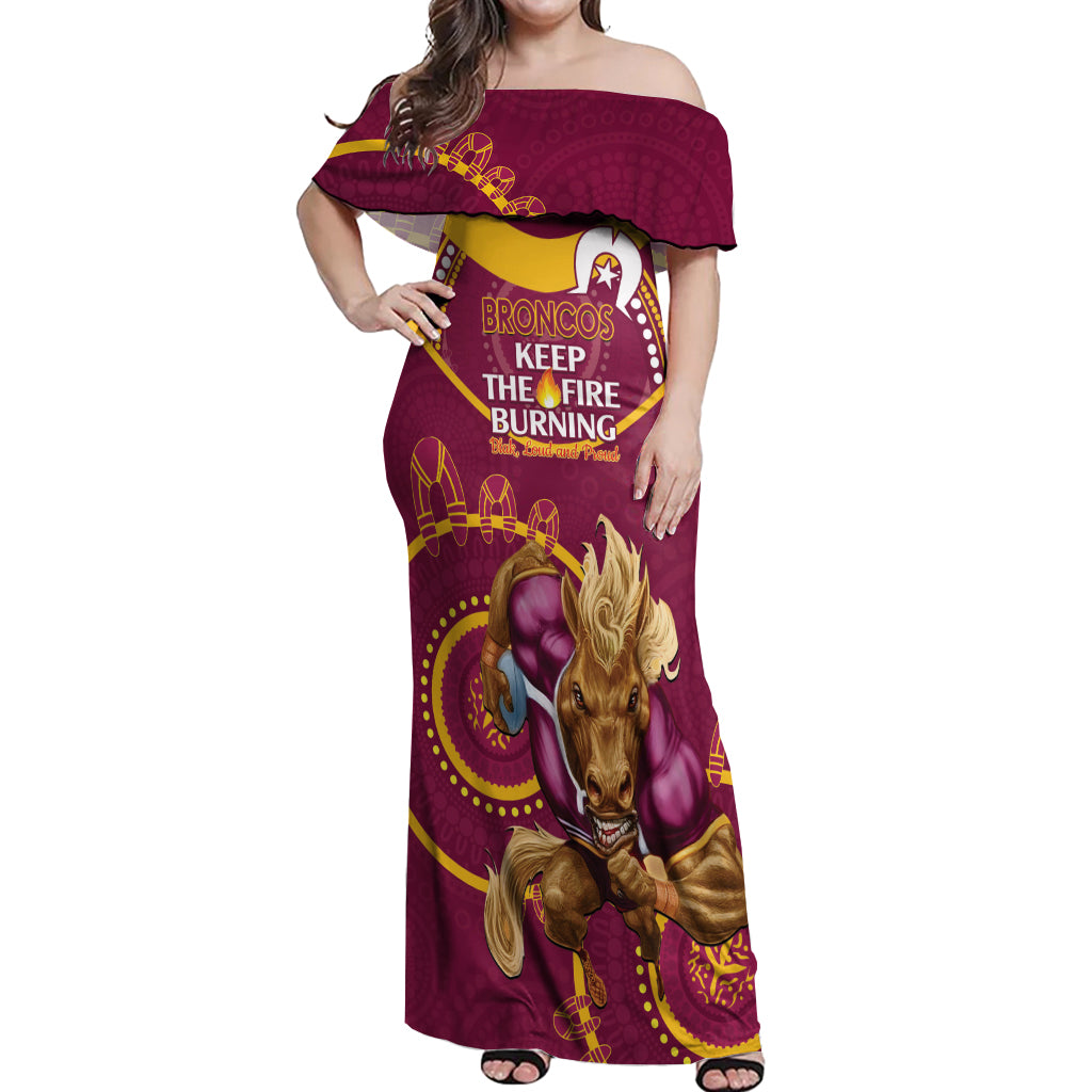 Custom NRL Broncos NAIDOC Week Off Shoulder Maxi Dress Keep The Fire Burning Indigenous Art
