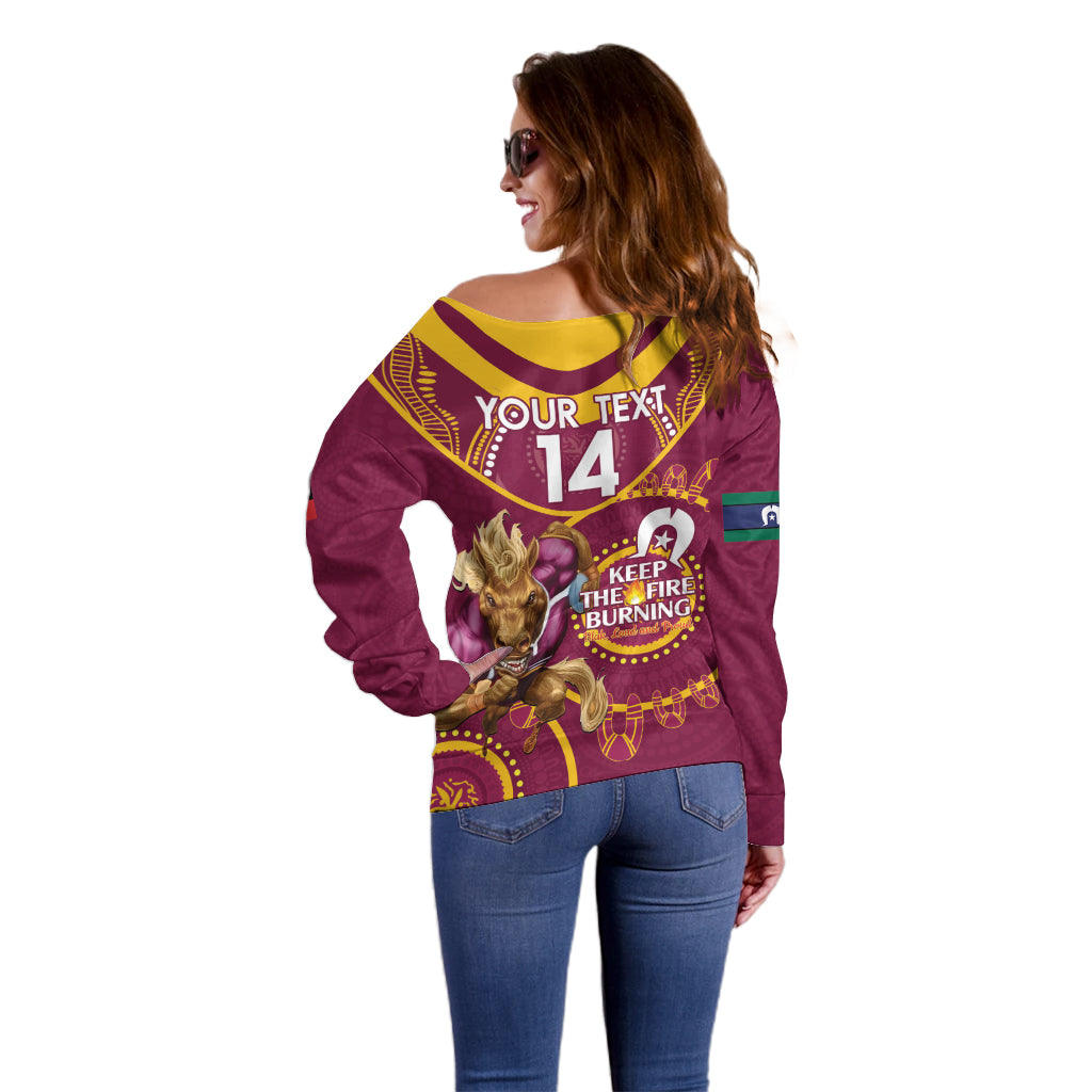 Custom NRL Broncos NAIDOC Week Off Shoulder Sweater Keep The Fire Burning Indigenous Art