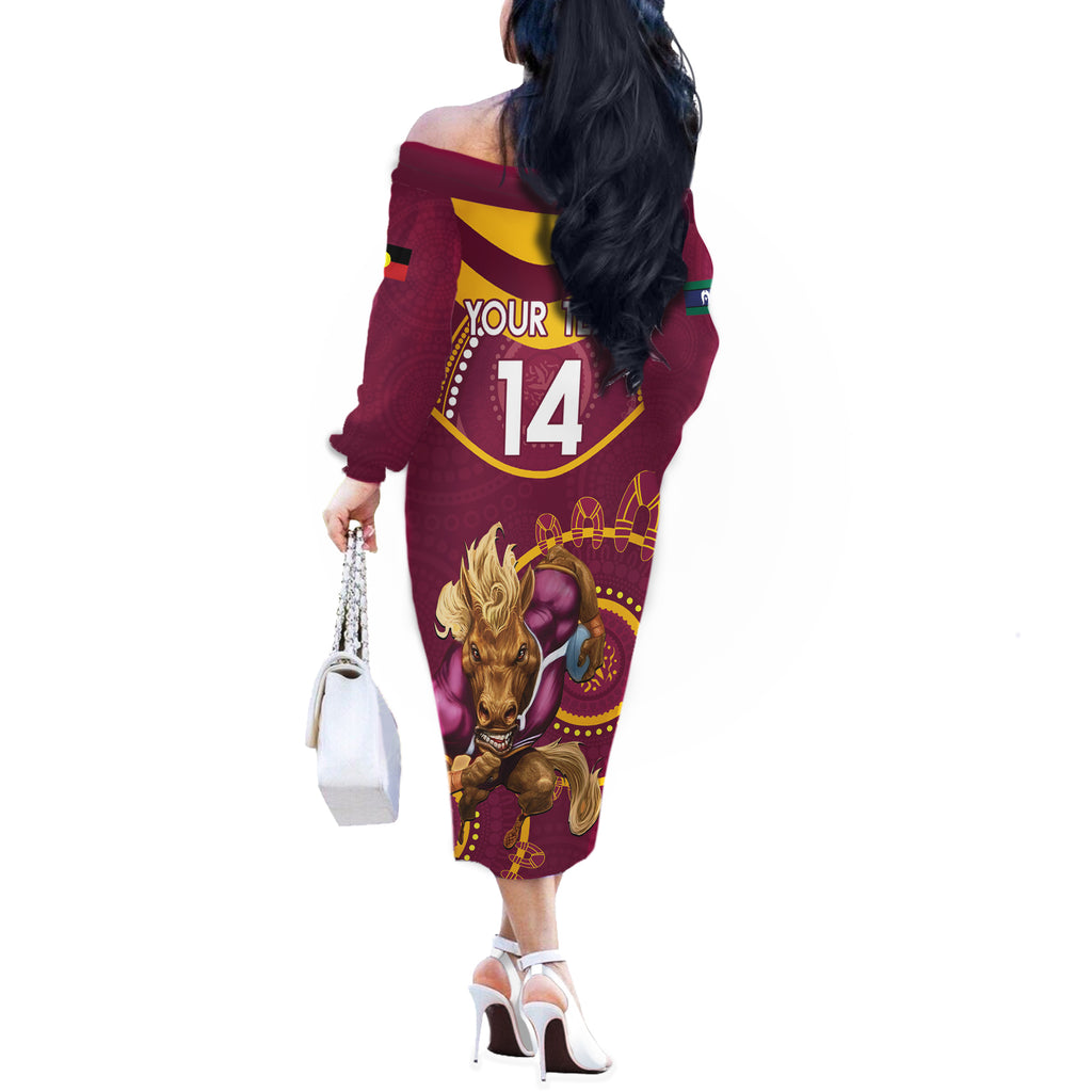 Custom NRL Broncos NAIDOC Week Off The Shoulder Long Sleeve Dress Keep The Fire Burning Indigenous Art