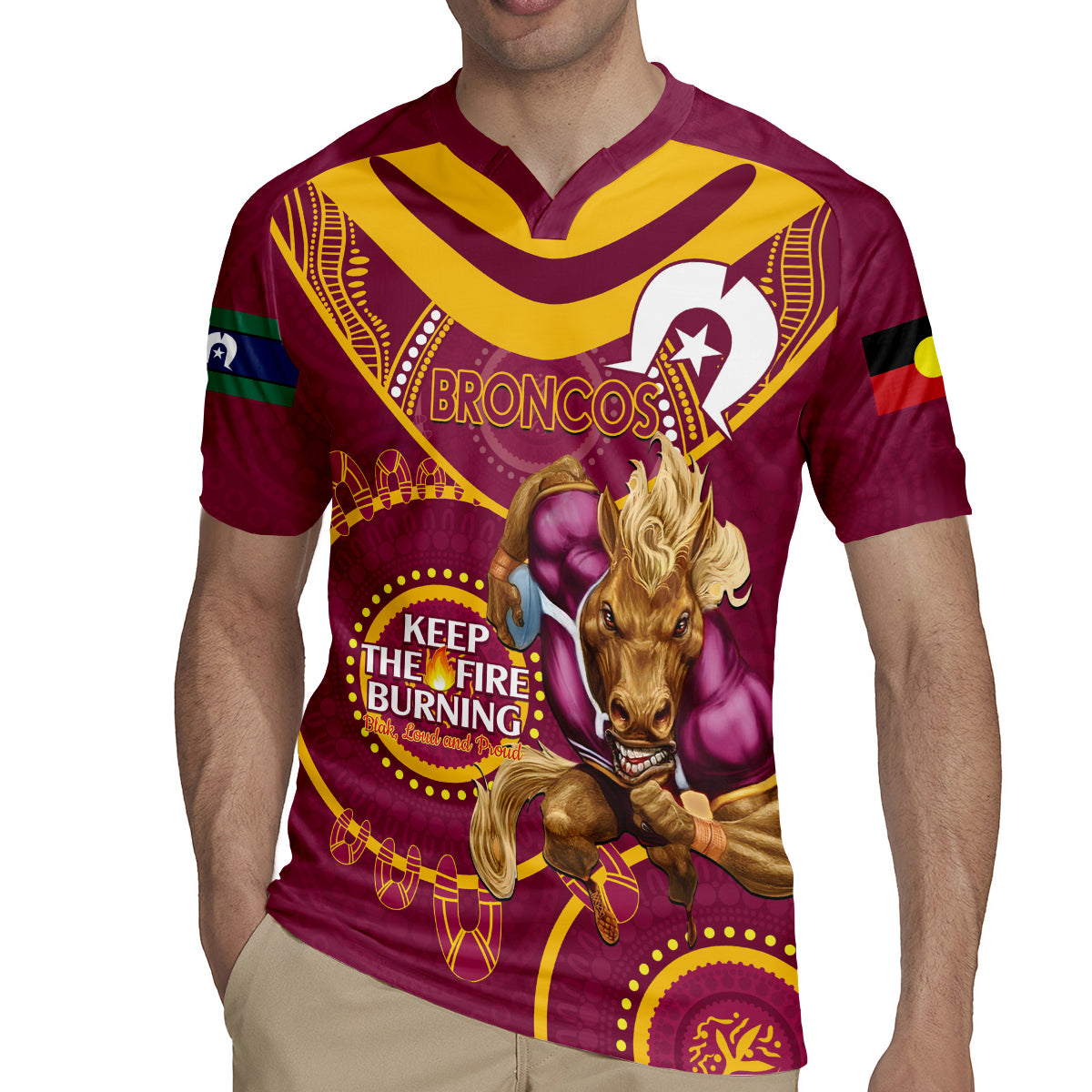Custom NRL Broncos NAIDOC Week Rugby Jersey Keep The Fire Burning Indigenous Art