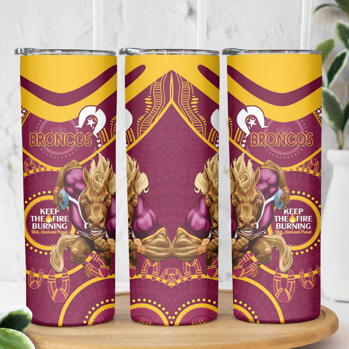 NRL Broncos NAIDOC Week Skinny Tumbler Keep The Fire Burning Indigenous Art