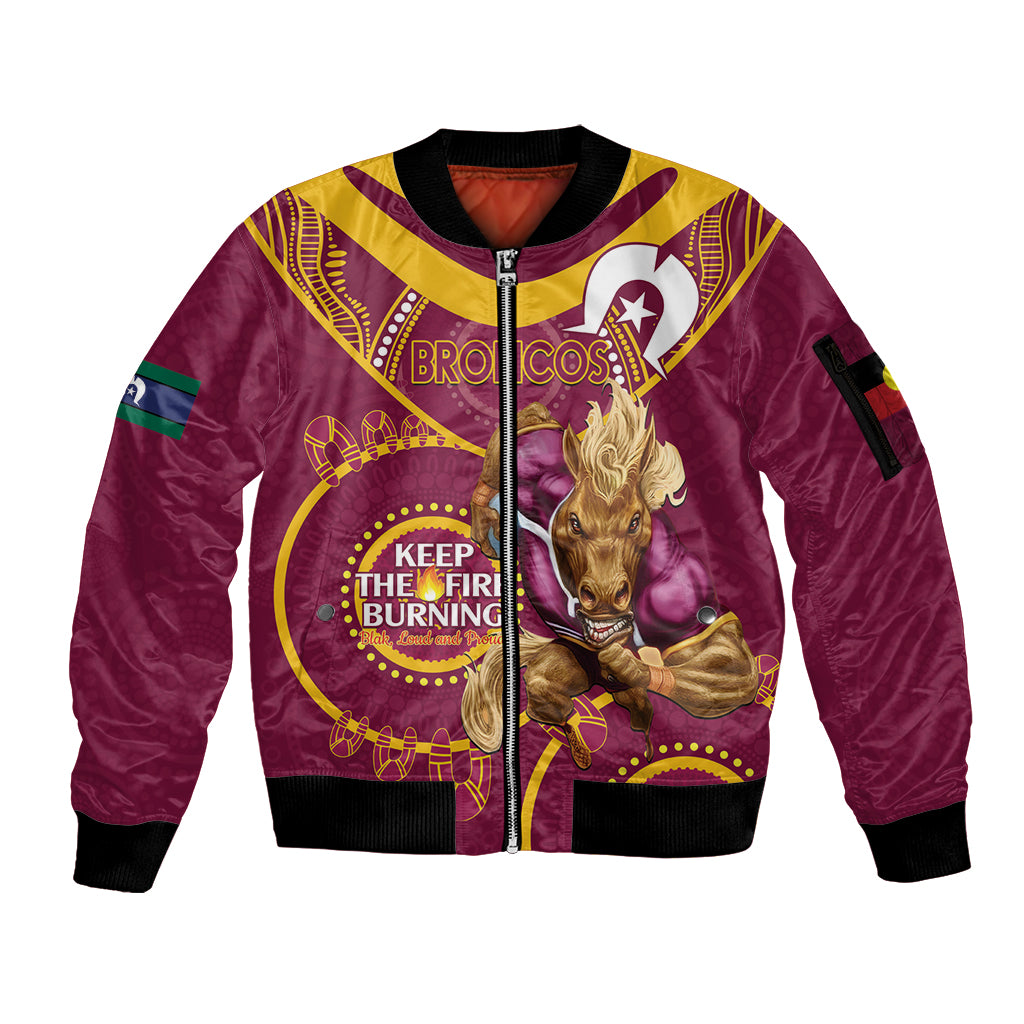 Custom NRL Broncos NAIDOC Week Sleeve Zip Bomber Jacket Keep The Fire Burning Indigenous Art