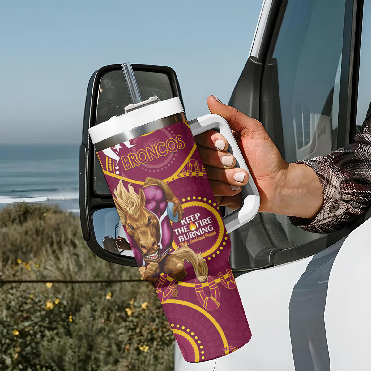 NRL Broncos NAIDOC Week Tumbler With Handle Keep The Fire Burning Indigenous Art