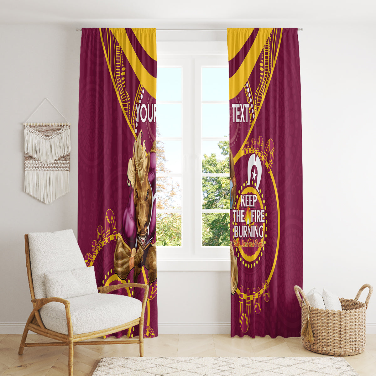 Custom NRL Broncos NAIDOC Week Window Curtain Keep The Fire Burning Indigenous Art