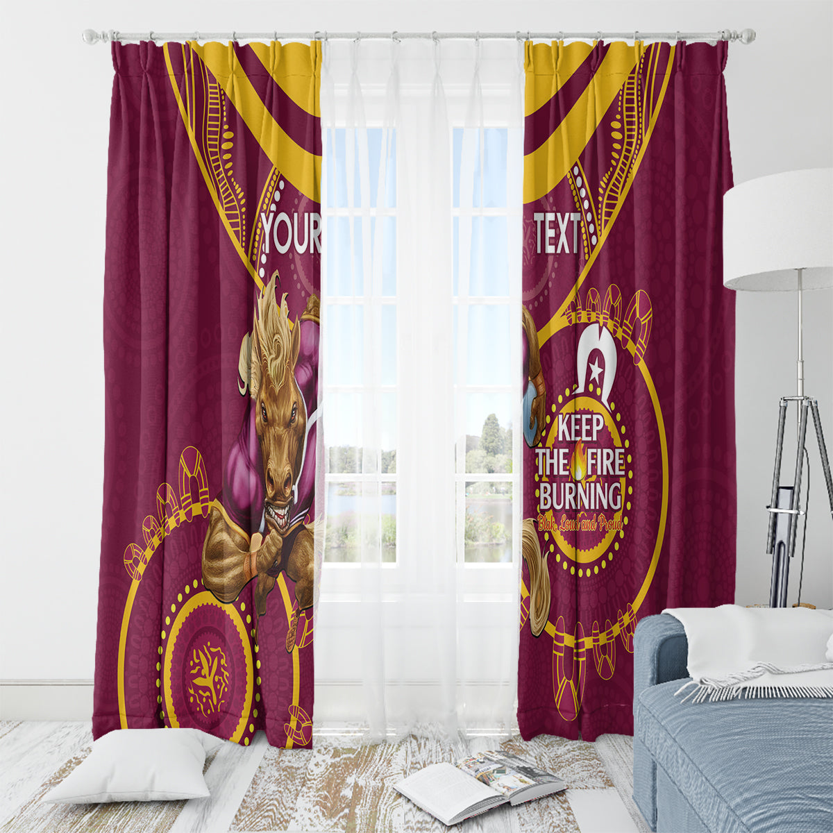 Custom NRL Broncos NAIDOC Week Window Curtain Keep The Fire Burning Indigenous Art