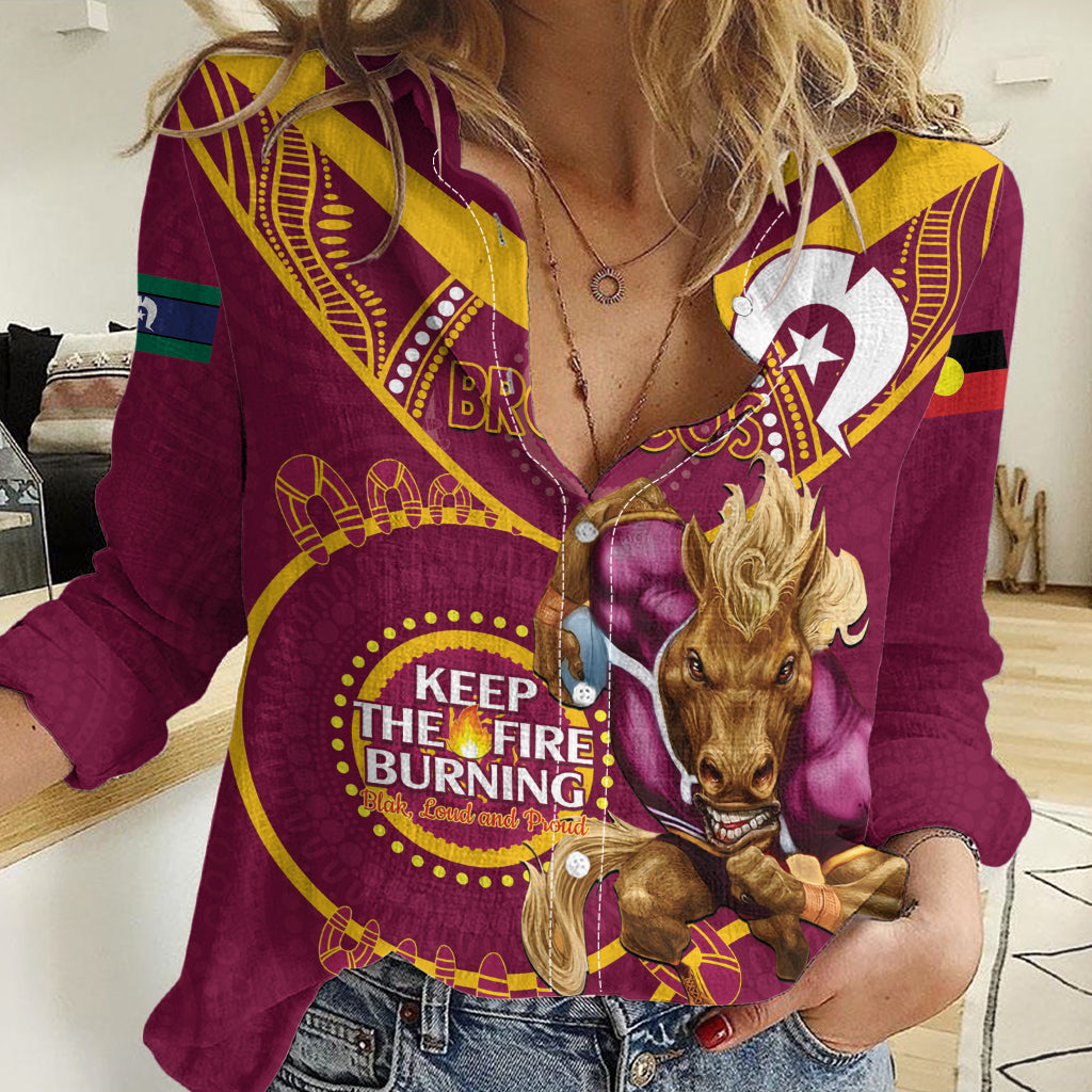 Custom NRL Broncos NAIDOC Week Women Casual Shirt Keep The Fire Burning Indigenous Art