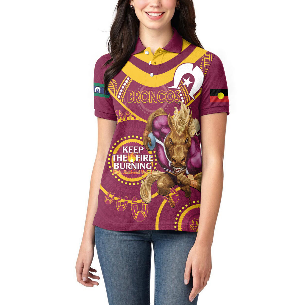 Custom NRL Broncos NAIDOC Week Women Polo Shirt Keep The Fire Burning Indigenous Art